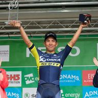 Caleb Ewan celebrates winning stage one of the Tour of Britain from Edinburgh to Kelso
