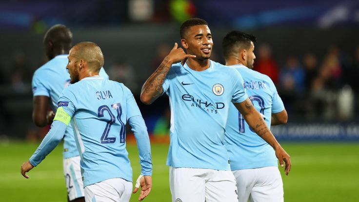 ROTTERDAM, SEPTEMBER 2017:  Gabriel Jesus of Manchester City celebrates scoring his side's third goal during their UEFA Champions League win over Feyenoord