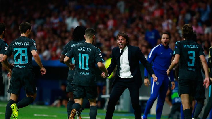 Antonio Conte, Manager of Chelsea celebrates after Chelsea score their first goal during the UEFA Champions League group C 
