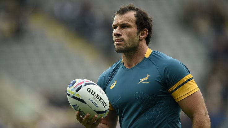 South Africa's hooker Bismarck du Plessis warms up before a Pool B match of the 2015 World Cup between South Africa and Scotland at St James' Park
