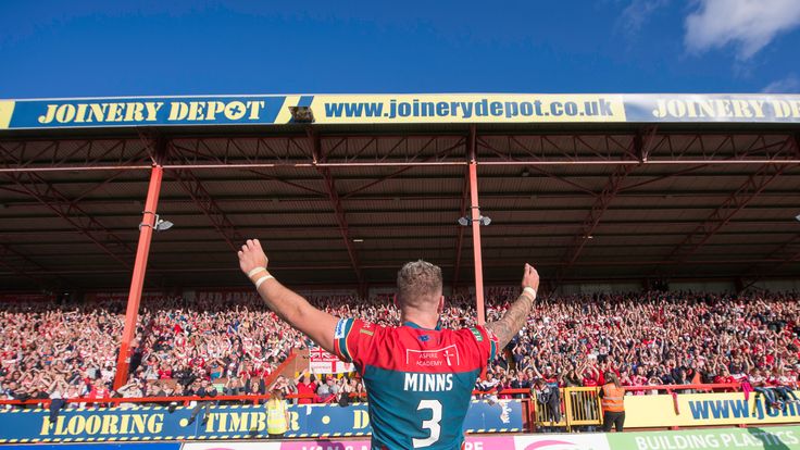 Picture by Allan McKenzie/SWpix.com - 09/09/2017 -- Hull KR's Thomas Minns celebrates to the fans after his side regain their place in Super League.