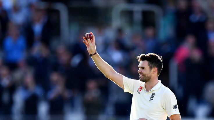 James Anderson of England celebrates after taking the wicket of Kraigg Braithwaite of the West Indies, his 500th Test wicket