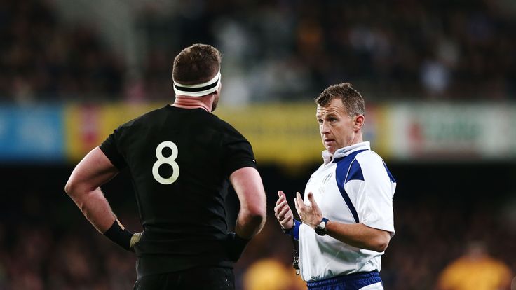 DUNEDIN, NEW ZEALAND - AUGUST 26 2017:  Referee Nigel Owens talks to Kieran Read of the All Blacks during The Rugby Championship Bledisloe Cup match