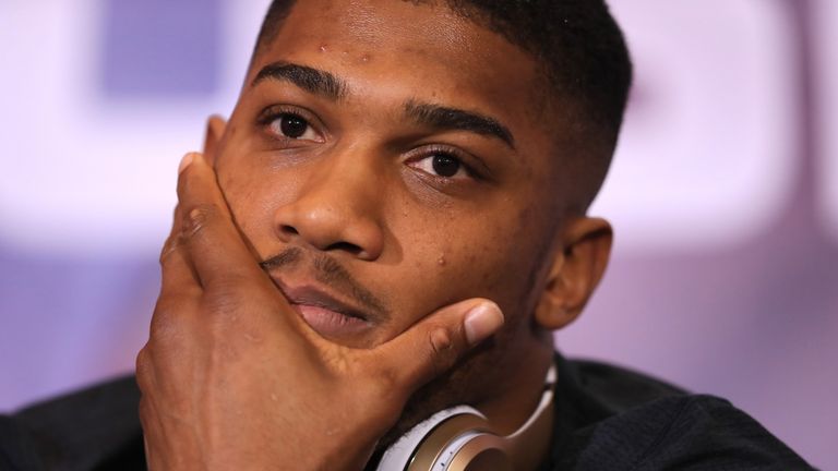 LONDON, ENGLAND - APRIL 27:  Anthony Joshua speaks during a press conference for his Super Heavyweight title fight against Wladamir Klitschko at Sky Sports