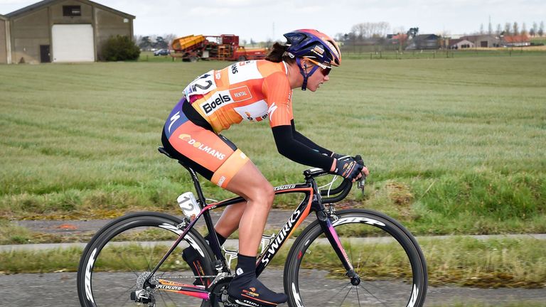 Dutch Chantal Blaak competes on the Menenpoort in Ieper during the 78th edition the Gent-Wevelgem one day cycling race for women, 115,3 km from Ieper to We