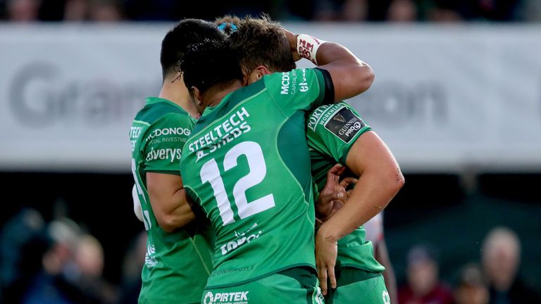 Tom Farrell celebrates with Bundee Aki and Tiernan O'Halloran, as Connacht  beat Southern Kings in Galway