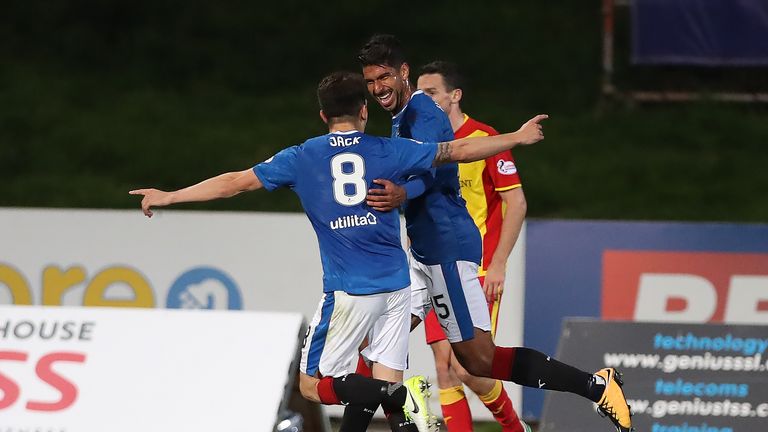 GLASGOW, SCOTLAND - SEPTEMBER 19: Eduardo Herrera of Rangers celebrates after he scores his teams third goal during the Betfred League Cup Quarter Final at