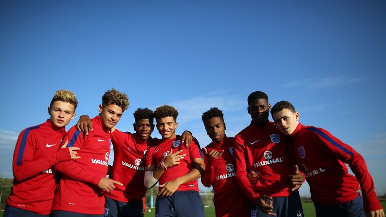 OCTOBER 29 2016: (L-R) George McEachran, Joel Latibeaudiere, Jonathan Panzo, Jadon Sancho, Angel Gomes, Timothy Eyoma and Phil Foden with England Under-17s