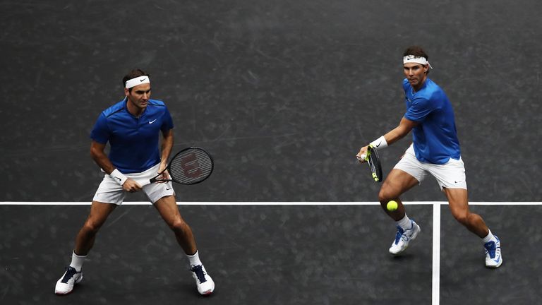 PRAGUE, CZECH REPUBLIC - SEPTEMBER 23:  Roger Federer and Rafael Nadal of Team Europe in action during there doubles match against Jack Sock and Sam Querre
