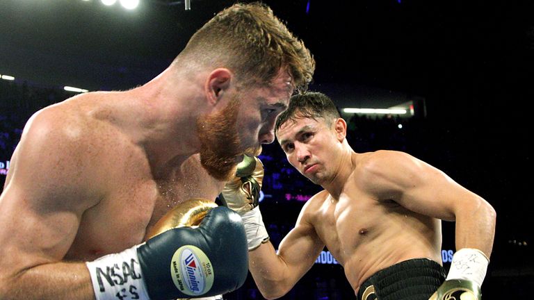 Canelo Alvarez (L) competes against Gennady Golovkin during their WBC, WBA and IBF middleweight championship fight at the T-Mobile Arena on September 16, 2