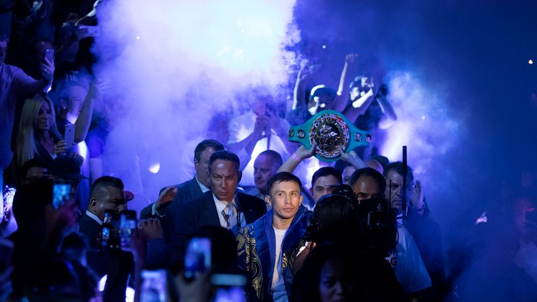 LAS VEGAS, NV - SEPTEMBER 16:  Gennady Golovkin enters the ring against Canelo Alvarez before their WBC, WBA and IBF middleweight championship bout at T-Mo
