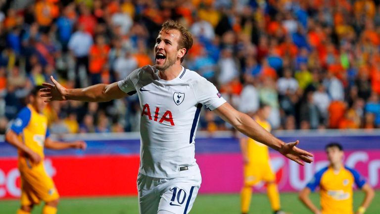 Tottenham Hotspur's English striker Harry Kane celebrates after scoring during the UEFA Champions League football match against Apoel FC in September 2017