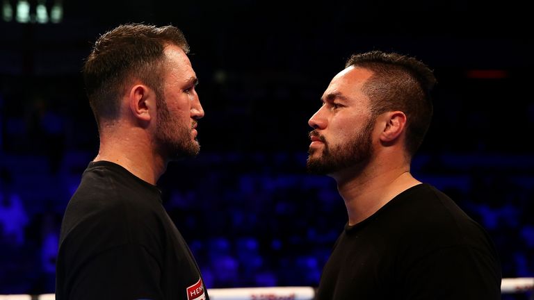 LONDON, ENGLAND - JULY 08:  Hughie Fury of Great Britain and Joseph Parker of New Zealand face off in the rin at Copper Box Arena on July 8, 2017 in London