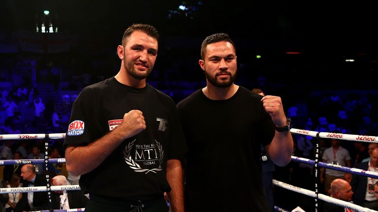 LONDON, ENGLAND - JULY 08:  Hughie Fury of Great Britain and Joseph Parker of New Zealand face off in the rin at Copper Box Arena on July 8, 2017 in London