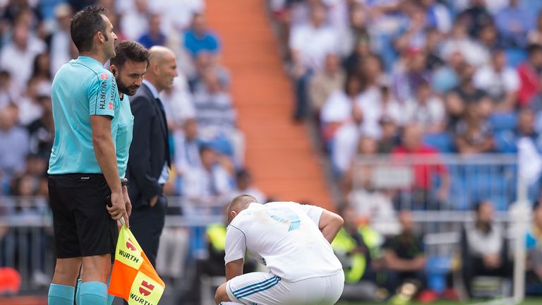 Karim Benzema is injured against Levante at the Bernabeu on Saturday