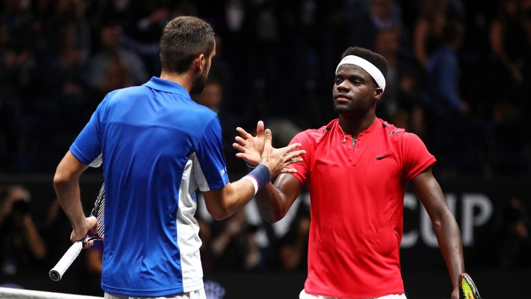 PRAGUE, CZECH REPUBLIC - SEPTEMBER 22:  Marin Cilic of Team Europe shakes hands with after winning his singles match with Frances Tiafoe of Team World on t