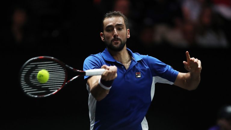 PRAGUE, CZECH REPUBLIC - SEPTEMBER 22:  Marin Cilic of Team Europe plays a forehand during his singles match against Frances Tiafoe of Team World on the fi