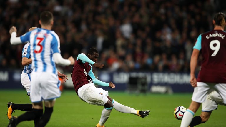 Pedro Obiang sees his shot take two deflections before going in to give West Ham the lead