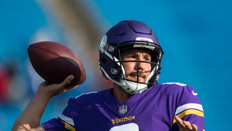 ORCHARD PARK, NY - AUGUST 10:  Sam Bradford #8 of the Minnesota Vikings warms up before the preseason game against the Buffalo Bills on August 10, 2017 at 