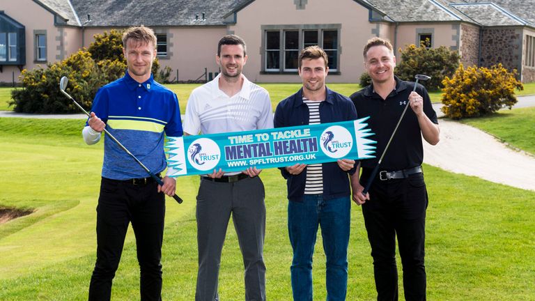 (left to right) Iain Russell, Jamie Murphy, Lewis Stevenson and Tam McManus at the SPFL Trust Golf Day to raise funds for Mental Health First Aid Training.