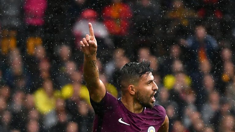 SEP 2017 -- Sergio Aguero of Manchester City celebrates scoring his side's first goal during the Premier League match against Watford