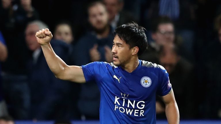 Shinji Okazaki of Leicester City celebrates scoring his side's first goal during the Carabao Cup Third Round match v Liverpool