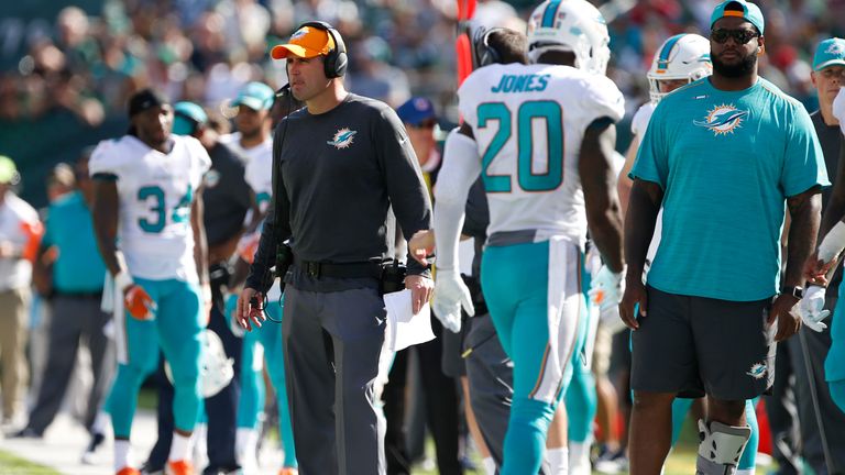 EAST RUTHERFORD, NJ - SEPTEMBER 24: Head coach Adam Gase of the Miami Dolphins looks on against the New York Jets during the second half of an NFL game at 