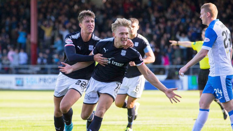 Dundee's A-Jay Leitch-Smith (centre) celebrates his goal.to make it 2-0 against St Johnstone last week. 