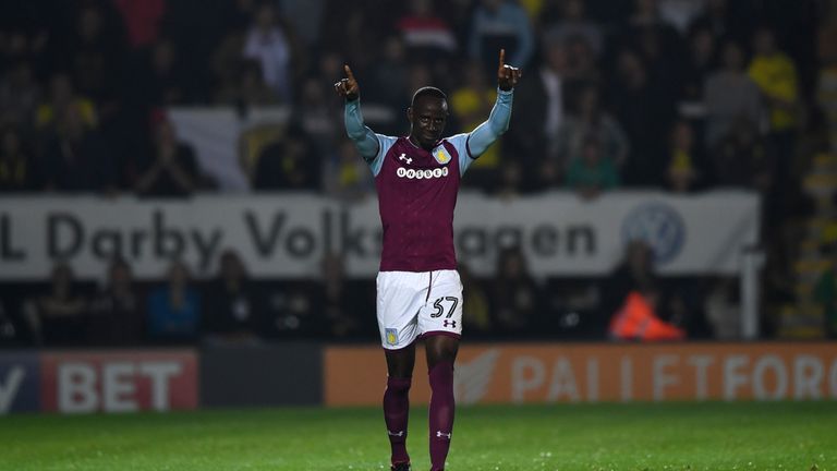 BURTON-UPON-TRENT, ENGLAND - SEPTEMBER 26:  Albert Adomah of Aston Villa celebrates scoring his team's 2nd goal during the Sky Bet Championship match betwe