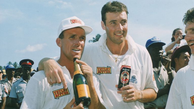 Man of the Match Alec Stewart celebrating with Angus Fraser after the 4th test between the West Indies and England in Barbados, April 1994. (Photo by Ben R