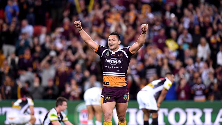BRISBANE - SEPTEMBER 15 2017:  Alex Glenn of the Broncos celebrates victory after the NRL Semi Final match between the Broncos and the Panthers