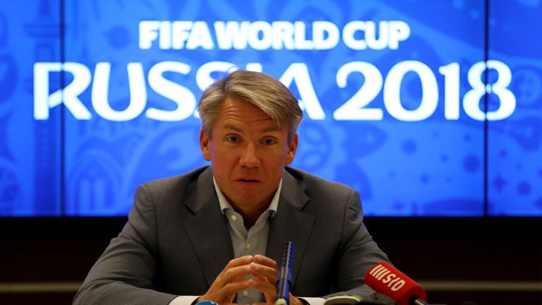 MOSCOW, RUSSIA - AUGUST 29:  Alexey Sorokin, CEO of Russia 2018 LOC, addresses the media during a press conference at the office of Russia 2018 LOC during 