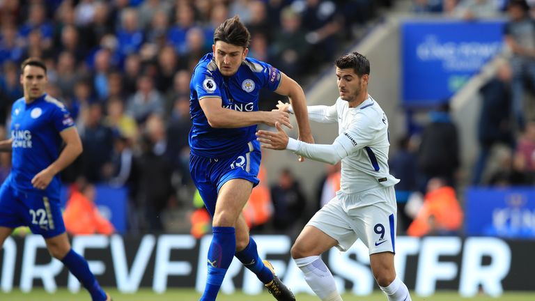 Leicester City's Harry Maguire (left) and Chelsea's Alvaro Morata battle for the ball during the Premier League match at the King Power Stadium, Leicester.