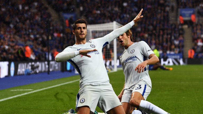 Alvaro Morata celebrates scoring for Chelsea at Leicester