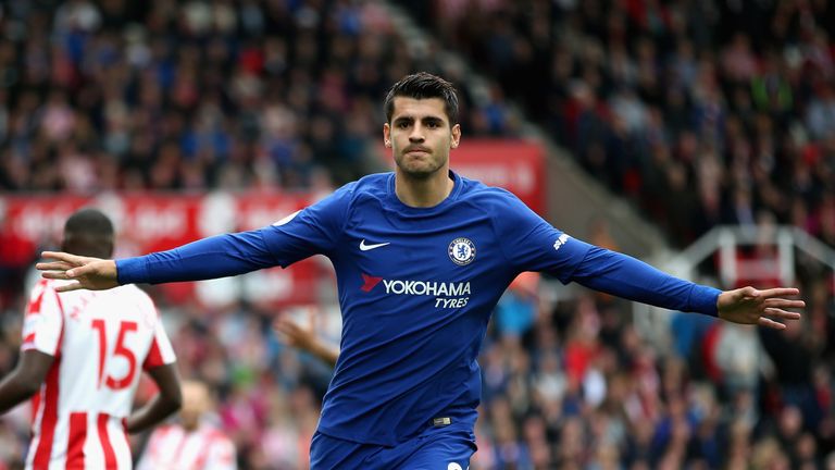 STOKE ON TRENT, ENGLAND - SEPTEMBER 23:  Alvaro Morata of Chelsea celebrates scoring his sides first goal during the Premier League match between Stoke Cit