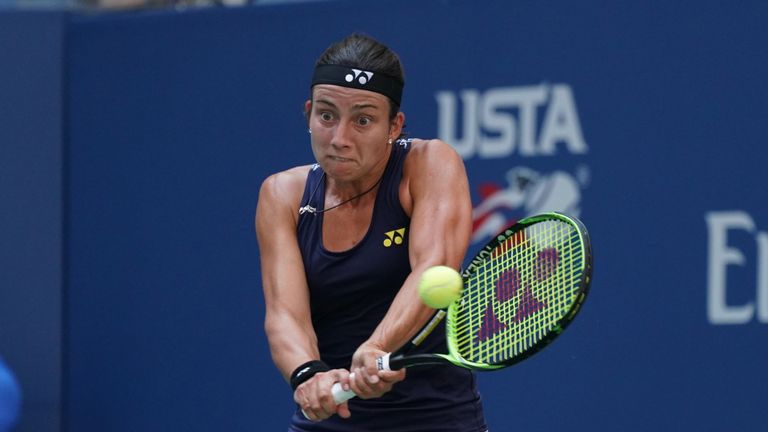 Anastasija Sevastova of Latvia returns the ball to Sloane Stephens of the US during their US Open 2017 quarterfinal Women's singles match at the USTA Billi