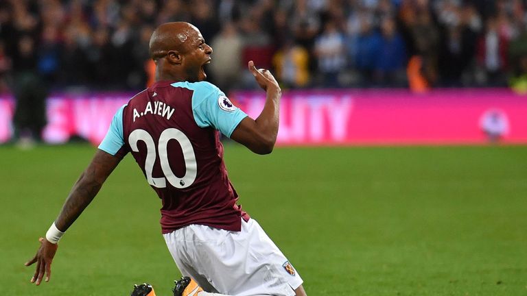 West Ham United's French-born Ghanaian midfielder Andre Ayew celebrates after scoring their second goal during the English Premier League football match be