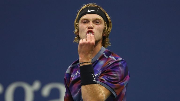 NEW YORK, NY - SEPTEMBER 06:  Andrey Rublev of Russia reacts against Rafael Nadal of Spain during their Men's Singles Quarterfinal match on Day Ten of the 