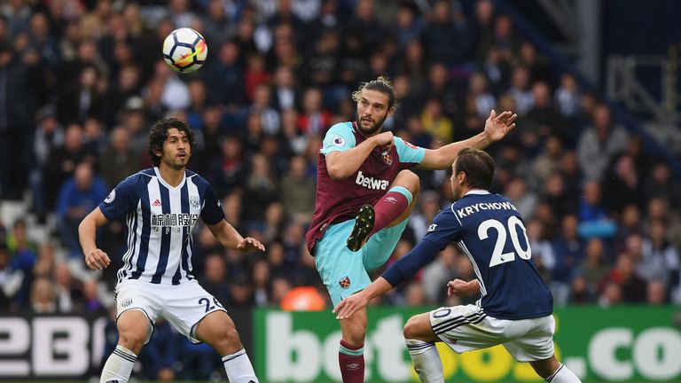WEST BROMWICH, ENGLAND - SEPTEMBER 16: Andy Carroll of West Ham United shoots during the Premier League match between West Bromwich Albion and West Ham Uni