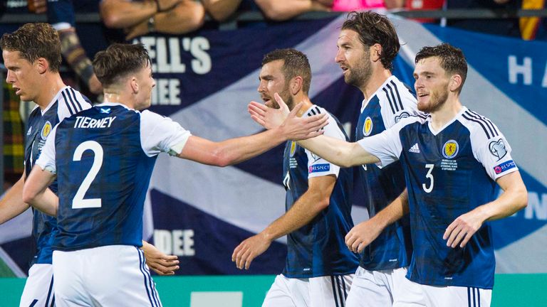 Scotland's Andy Robertson (right) embraces Kieran Tierney after he makes it 2-0