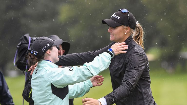 Anna Nordqvist from Sweden (R) is congratulated byBrittany Altomare (L) from United States after winning the Evian Championship tournament on September 17,