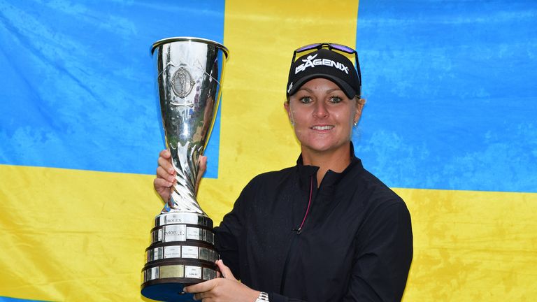 EVIAN-LES-BAINS, FRANCE - SEPTEMBER 17:  Anna Nordqvist of Sweden holds the trophy after winning during the play off after the final round of The Evian Cha