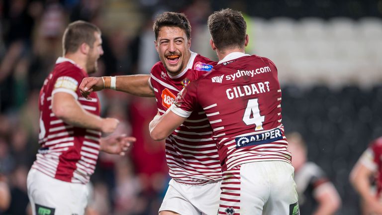 Wigan Warriors - KC Stadium, Kingston upon Hull, England - WIgan's Anthony Gelling celebrates the game-winning try against Hull FC.