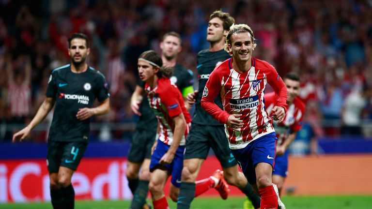 MADRID, SPAIN - SEPTEMBER 27:  Antoine Griezmann of Atletico Madrid celebrates after he scores his sides first goal from the penalty spot during the UEFA C