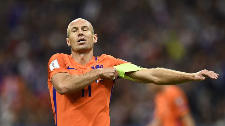 Netherlands' forward Arjen Robben reacts during the 2018 FIFA World Cup qualifying football match France vs Netherlands at the Stade de France in Saint-Den