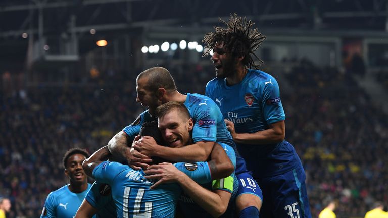 Arsenal celebrate during their 4-2 win over BATE Borisov in Group H