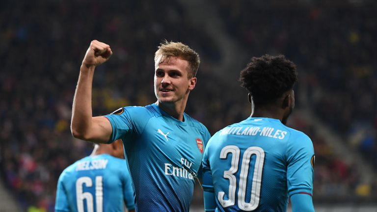 Rob Holding celebrates scoring his first Arsenal goal