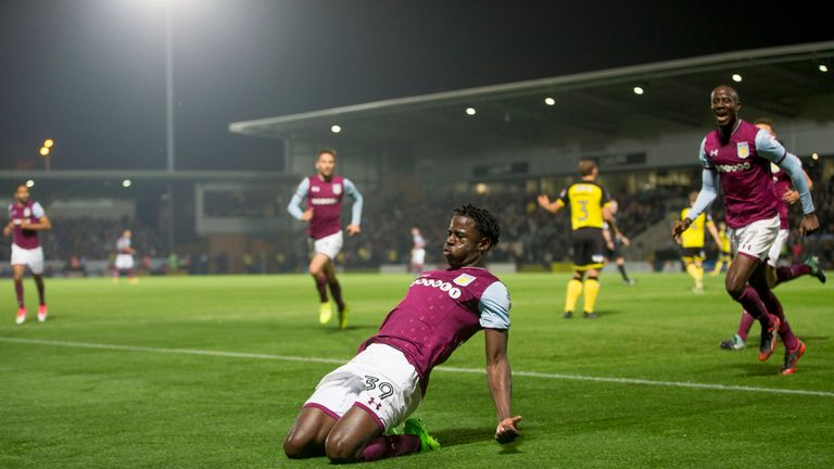 Keinan Davis of Aston Villa celebrates scoring the opening goal against Burton Albion