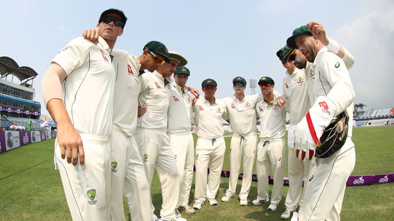 The Australia team prepare to take the field for the second Test