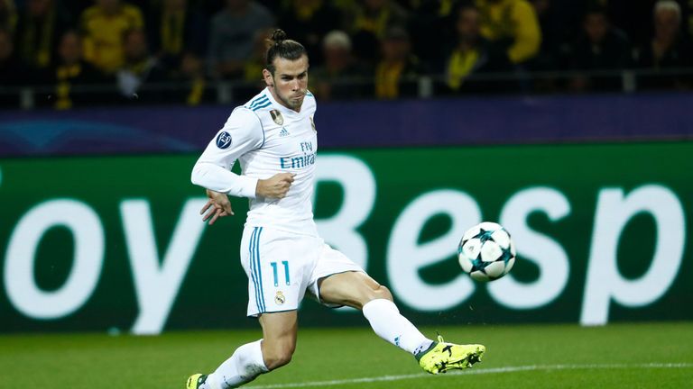 Real Madrid's Gareth Bale scores the opening goal during the UEFA Champions League Group H football match against Borussia Dortmund 